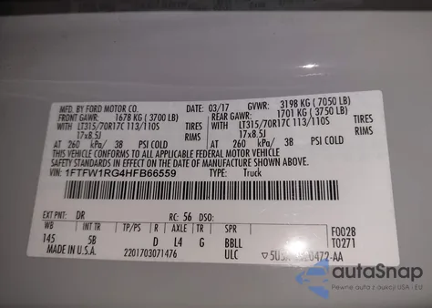 2017 Ford F-150 Raptor из США, поврежденный, VIN 1FTFW1RG4HFB66559